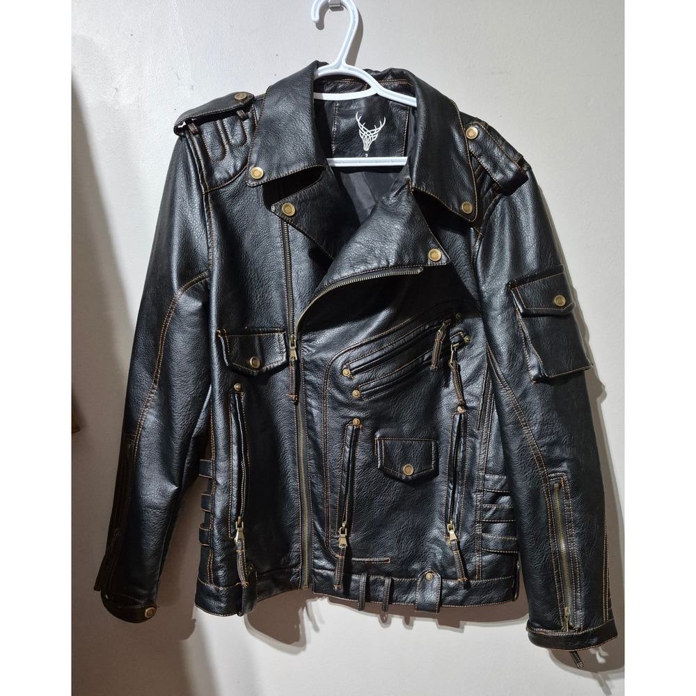 Black Faux Leather Moto Biker Jacket Orange Stitching Mens Small Pockets Buckles